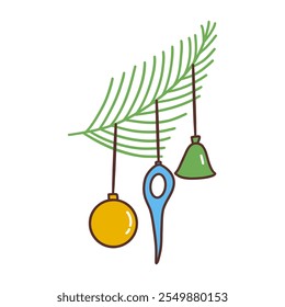 Spruce green twig decorated with New Years glass toys. Winter season holiday time, Christmas vibe. Traditional decoration. Colorful vector isolated illustration hand drawn. Icon clip art or card