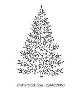 Spruce minimalist line drawing. 
Christmas tree contour image on a white background. Pine art icon.