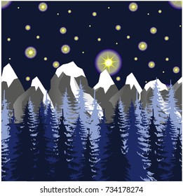 Spruce night forest, mountain, starry night seamless background stock vector illustration
