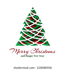 Spruce in paper cut style with text. Christmas and New Year decorative design. Greeting card.