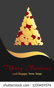 Spruce in paper cut style with text. Christmas and New Year decorative design. Greeting card.