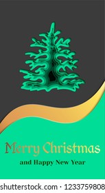 Spruce in paper cut style with text. Christmas and New Year decorative design. Greeting card.