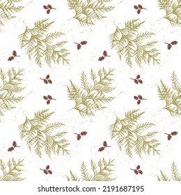 Spruce pattern. Seamless vector holiday print with spruce branches and cones for fabric or paper.	
