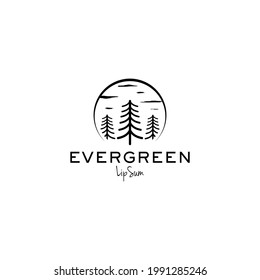 spruce pine, pine tree forest on moon background, retro stripe hipster art logo design