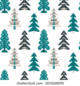 Spruce pine trees, forest or woods, christmas and new year celebration. Evergreen botany symbol of cold season. Seamless pattern, background or print for xmas winter holiday. Vector in flat style