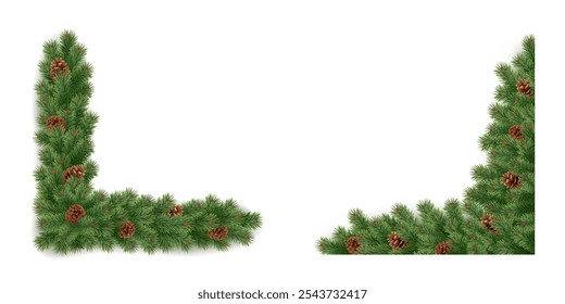Spruce plant twigs corner garlands realistic vector icons set. Craft holiday decorations of forest materials 3d objects illustrations on white