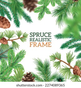 Spruce realistic frame with coniferous branches and cones on white background vector illustration