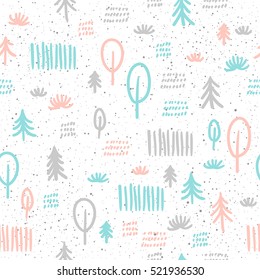 Spruce seamless background. Grey, blue and pink doodle spruce. Abstract seamless pattern for card, book, banner, diary cover, t-shirt, album, textile fabric, garment etc. 