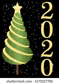 Spruce with a shiny serpentine and a star. gold 2020 numbers on a black background.