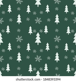 Spruce  and snow seamless pattern with green background. Christmas symbols. Great for wrapping paper, scrapbooking, fabric, textile.