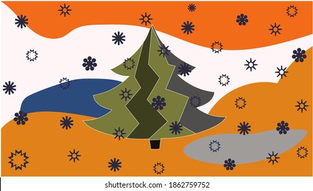 Spruce and snowflakes against the background of orange hills in a cartoon style. Vector illustration for Christmas card design
