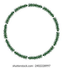 Spruce thin branches frame. Christmas festive delicate Circle border with empty space. Green round frame.