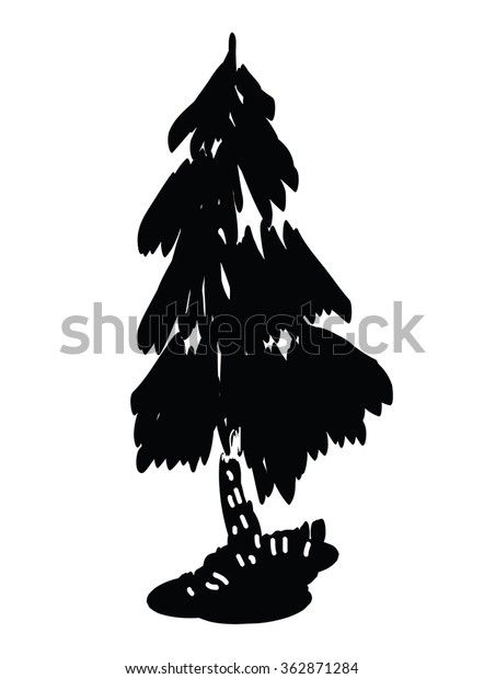 Spruce tree black silhouettes - vector illustration of
pine or spruce tree on ground - hand drawn in primitive folk art,
retro style, as gravure. Symbol of north, design element. Black on
white. 