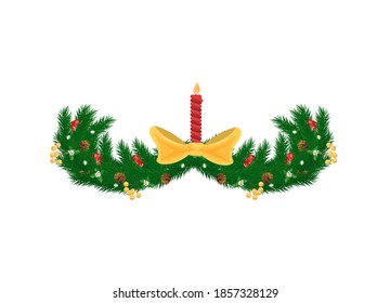 Spruce tree branches, burning candle decorated by bow, pine cones, white viscum and red balls, winter and New Year holidays decoration isolated vector icon