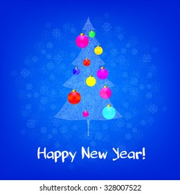 Spruce tree with christmas decorations on abstract winter background of snowflakes. Stylized doodle tree with colorful christmas balls. Happy New Year card. Vector illustration. 