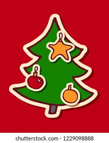 Spruce tree, hand drawn Christmas doodle design element. Winter holidays greeting card item isolated over red background. Vector illustration.