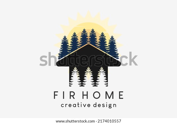 Spruce tree house logo design, house\
silhouette combined with fir trees in the sun\
background