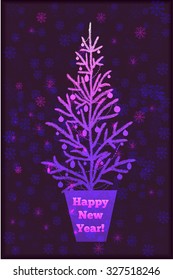 Spruce tree on abstract background with snowflakes. Happy New Year card. Vector illustration. New Yer and Christmas holiday winter design.