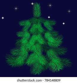 Spruce tree on the background of the night sky and the Big dipper, vector illustration.