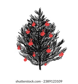 A spruce tree with red Christmas balls drawn in hand-drawn black pen lines. Isolated vector element on a white background. Design element of postcards, prints