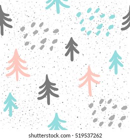 Spruce tree seamless background. Grey, blue and pink doodle spruce tree forest. Abstract seamless pattern for card, book, banner, diary cover, t-shirt, album, textile fabric, garment etc. 