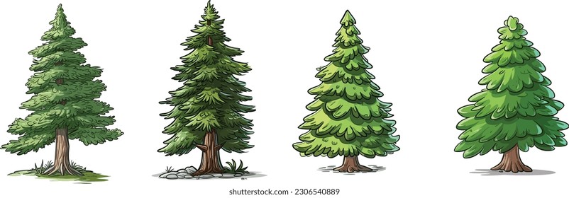 Spruce tree set in isolated white background, clip art collection.