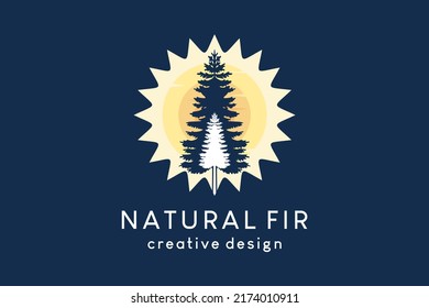 Spruce tree silhouette logo design combined with sun icon in creative concept