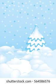 Spruce tree in snowdrifts during snowfall, beautiful snowflakes falling