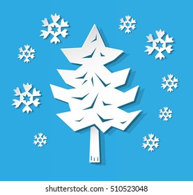 Spruce tree and snowflakes, paper style, winter holiday card.