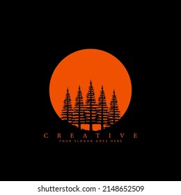 Spruce tree and sunset logo design template