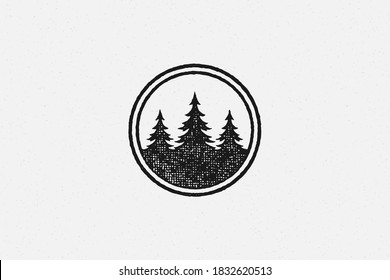 Spruce trees depicted inside circle isolated on white background hand drawn stamp effect vector illustration. Vintage grunge texture on old paper for poster or label decoration.