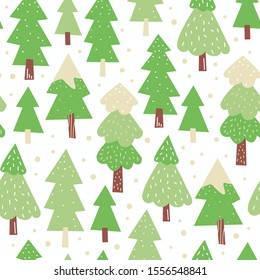 Spruce trees hand drawn seamless vector pattern. Green fir trees. Winter holiday flat pattern. Wrapping paper, print, page fill, web design. Vector illustration