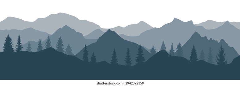 Spruce trees and mountain, silhouettes. Beautiful landscape. Vector illustration.