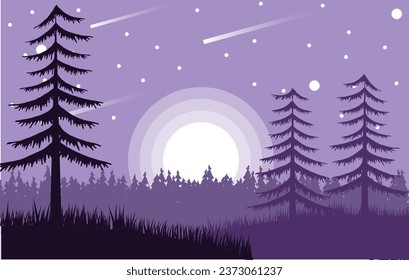 Spruce Trees in a Night Forest with Moonlight and Stars. Nature and landscapes vector art