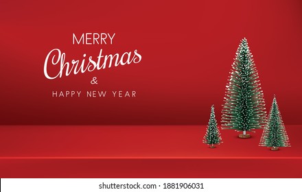 Strauße Bäume auf rotem Hintergrund mit Schild. Weihnachtsbäume. Vorlage für Banner, Karten, Poster. Vektorgrafik.