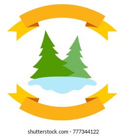 Spruce trees with ribbon banner. Vector illustration isolated on white background for logos, stickers and other items.