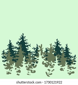 Spruce trees in a simple flat style on a light green background. Coniferous forest. Vector illustration isolated on a white background for design and web.