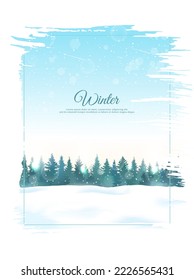 Spruce trees in snowdrifts. Clear blue sky, snowfall. Vector illustration. Winter landscape. Design for cover, postcard, banner, poster. Adventure tourism, nature walks. Minimalist flat design.