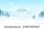 Spruce trees in snowdrifts. Mountains in the background. Clear blue sky, snowfall. Vector illustration. Winter landscape. Design for cover, postcard, banner, poster. Adventure tourism, nature walks.