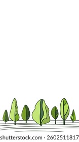 Spruce trees and trees. Tree crowns with green young foliage. International Day of Forests. Vertical rectangular background with trees and firs in green shades. Place for text.