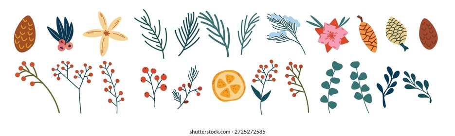 Espruce galho, bagas e cones set. Plantas de inverno. Folhagem de Natal galhos ramos frutos vermelhos. Pinho, abeto, ramos de abetos e cones, rowan, bagas de roseira-brava. Elementos botânicos naturais. Vetor