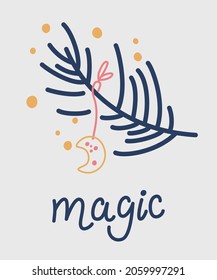 Spruce twig with decoration. Lettering. Merry Christmas and Happy New Year design. Holiday banner, web poster, flyer, stylish brochure, greeting card. Vector hand draw cartoon illustration.