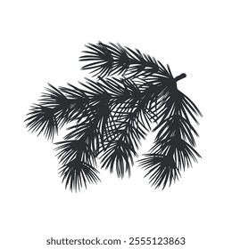 Spruce twig with needles. Pine tree branch. Christmas traditional plant. Vector graphic illustration. Winter holiday background for home interior. Festive clipart for postcard, winow, print, packaging