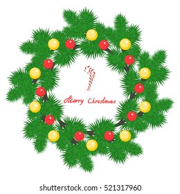 Spruce wreath with Christmas balls. Vector clip-art.