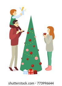 Spruced Christmas tree family decoration - dad, mom and son. Isolated on white background. Merry Christmas Happy New Year, winter holiday. Flat concept vector leaflet flyer card postcard template.