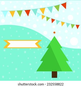 spruced Christmas tree on a bright background of garlands with a sign for text