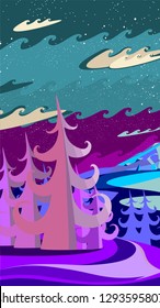 spruces and snow at night against the mountain and field, winter landscape abstract vector, illustrations, wallpapers