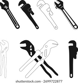 Chave de Spud, Silhueta de chave de chave ajustável, Coleção de ferramentas de chave de tubos isolada Ilustração de vetor