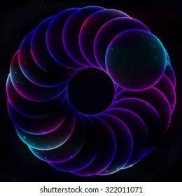 Spun illusory spiral of glowing transparent soap bubbles on the background kosmosas retro style.