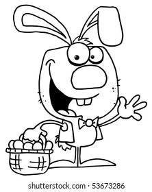 Spunky Bunny Waving And Carrying A Basket Of Easter Eggs